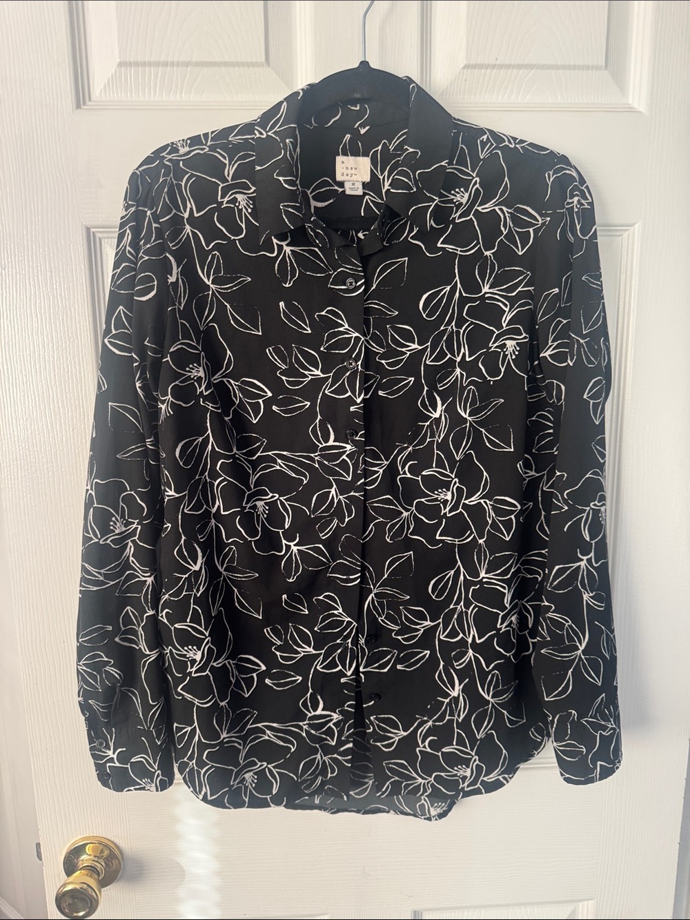 Black Floral Button-Up Blouse with White Outline Print